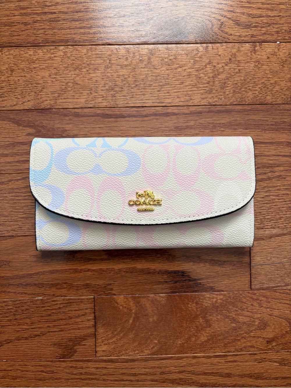 Coach Signature Continental Wallet in White with Pink & Blue Accents